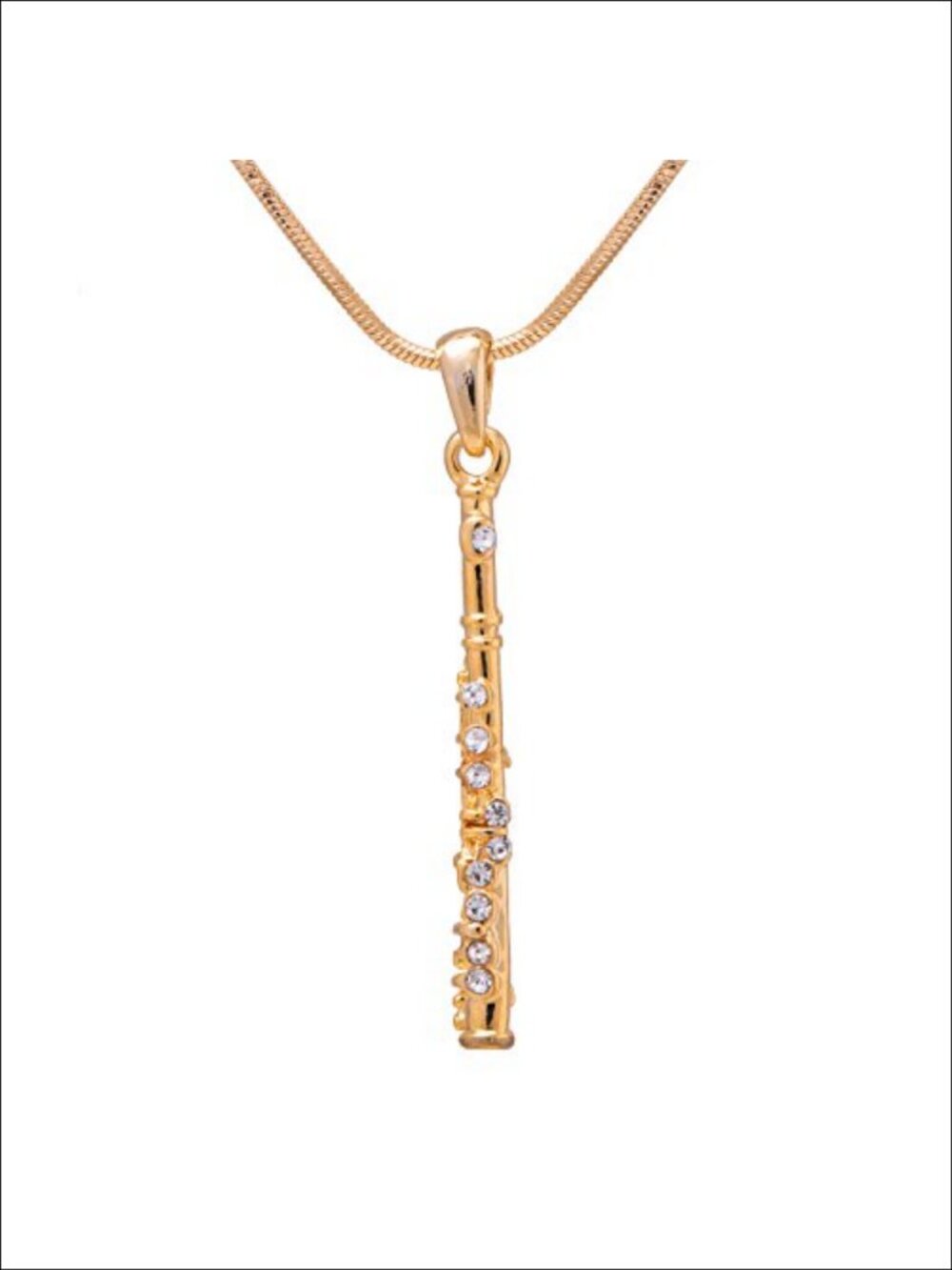 Silver Plated Flute Necklace Crystal Music Pendant 16" with Snake Chain and